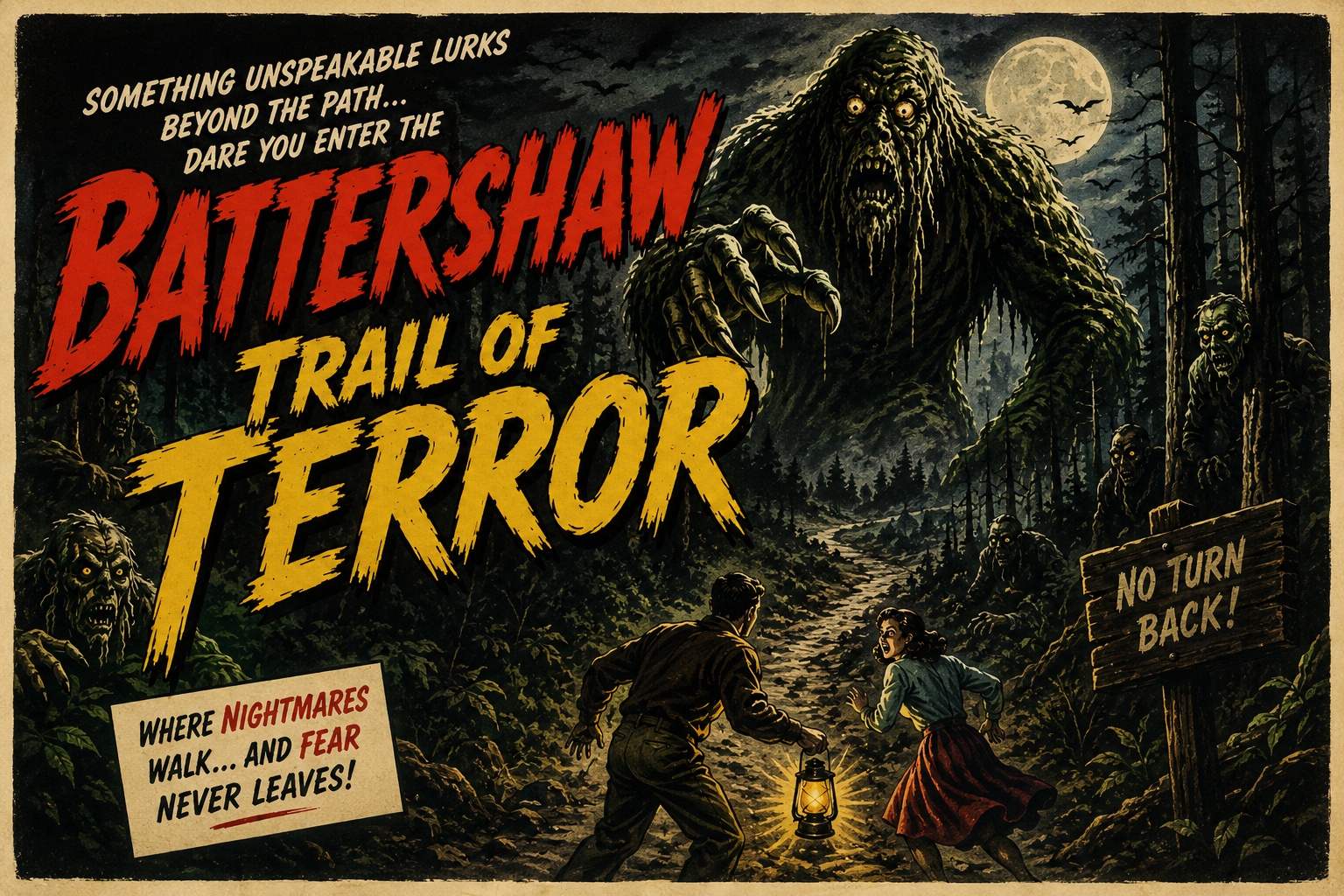 Battershaw Trail of Terror vintage horror banner with a giant forest monster, moonlit trail, and creatures lurking in the woods.